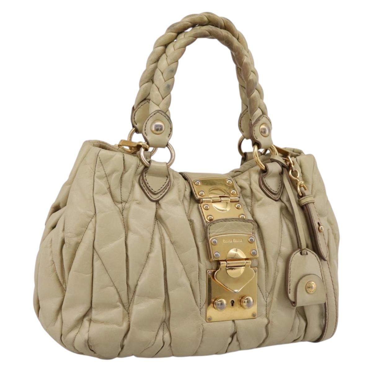 Miu Miu Hand Bag Leather 2way Beige Gold Tone Auth 167578A