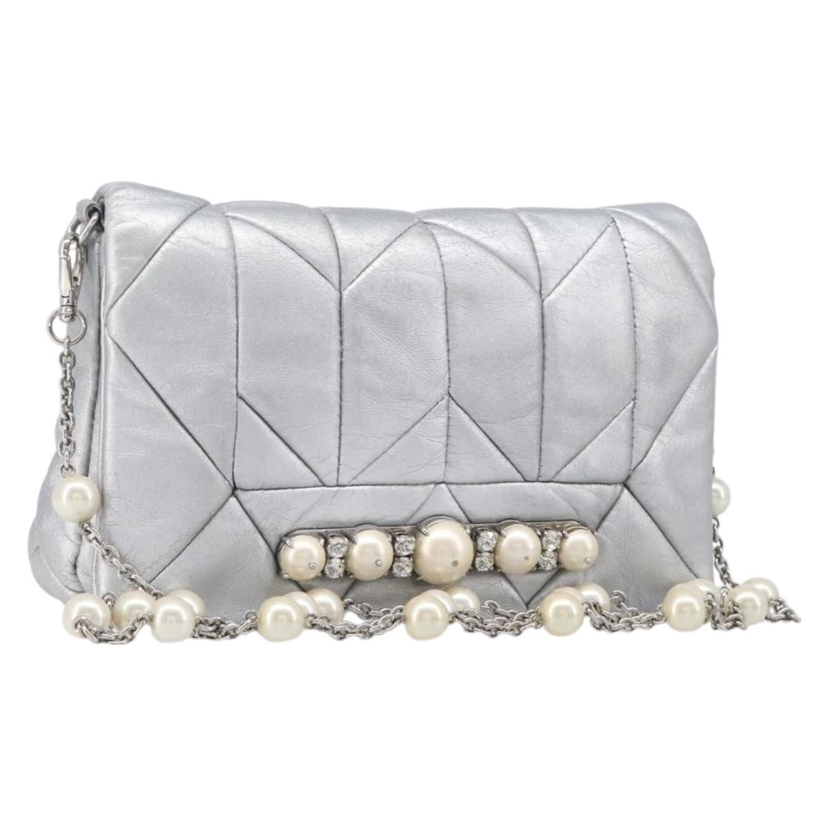 Miu Miu Shoulder Bag Leather Silver Auth 167579A