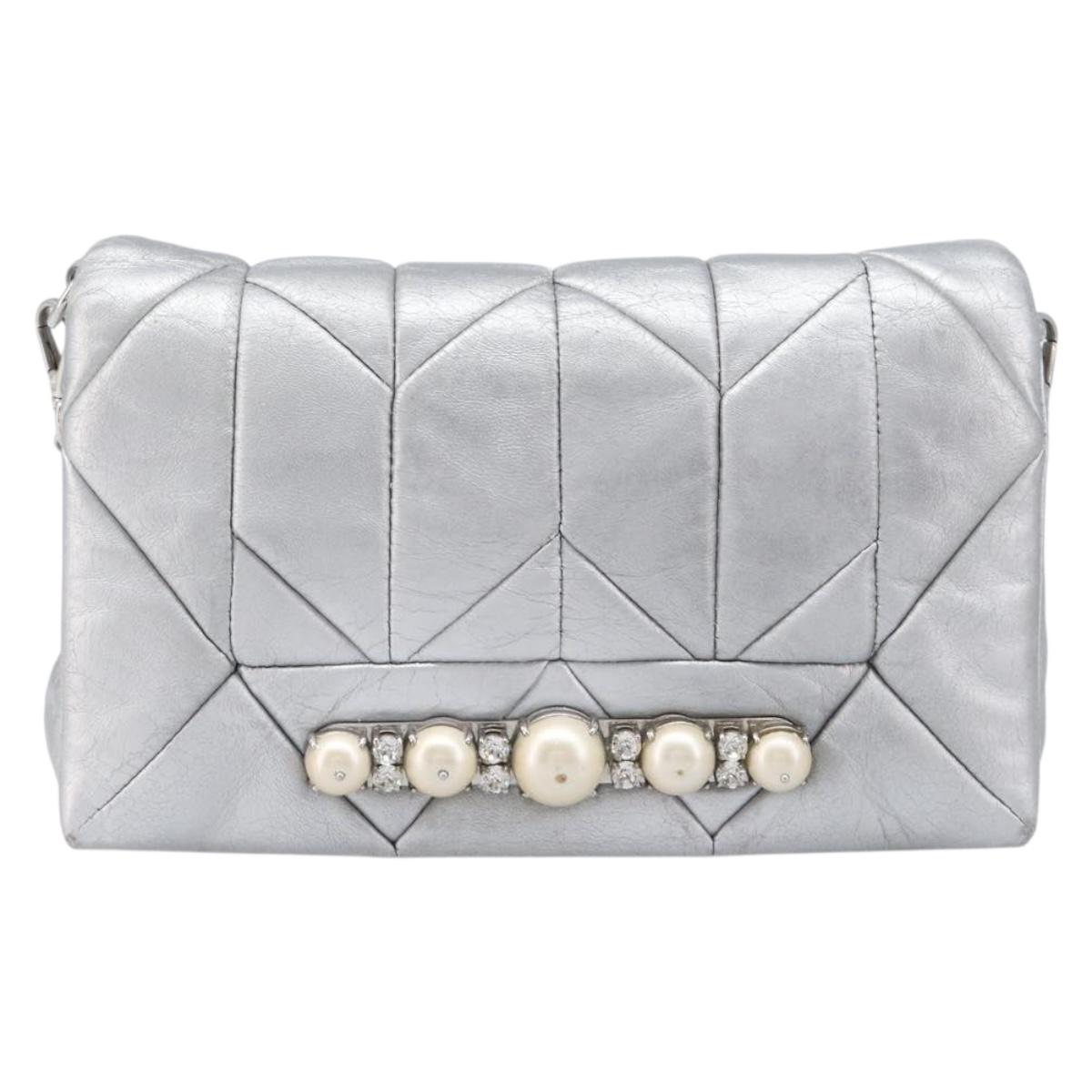 Miu Miu Shoulder Bag Leather Silver Auth 167579A