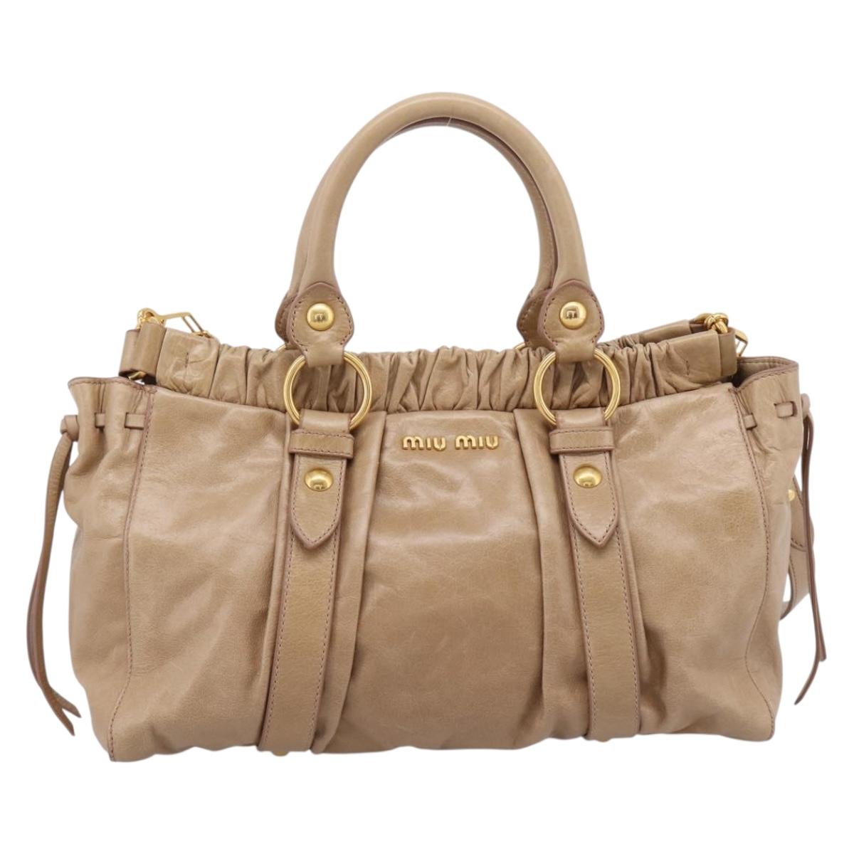 Miu Miu Hand Bag Leather 2way Beige Gold Tone Auth 167588M