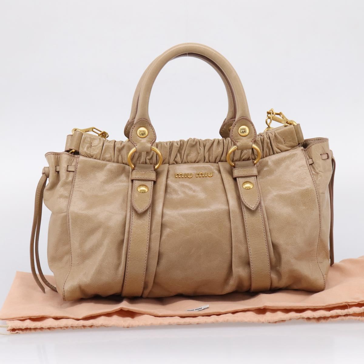 Miu Miu Hand Bag Leather 2way Beige Gold Tone Auth 167588M