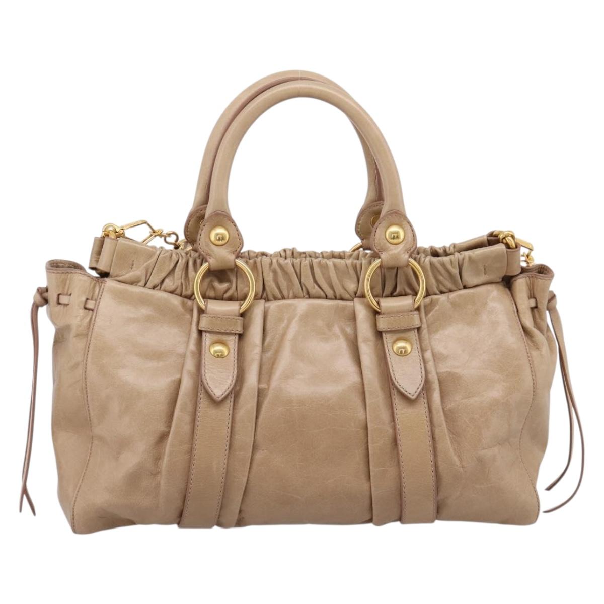 Miu Miu Hand Bag Leather 2way Beige Gold Tone Auth 167588M