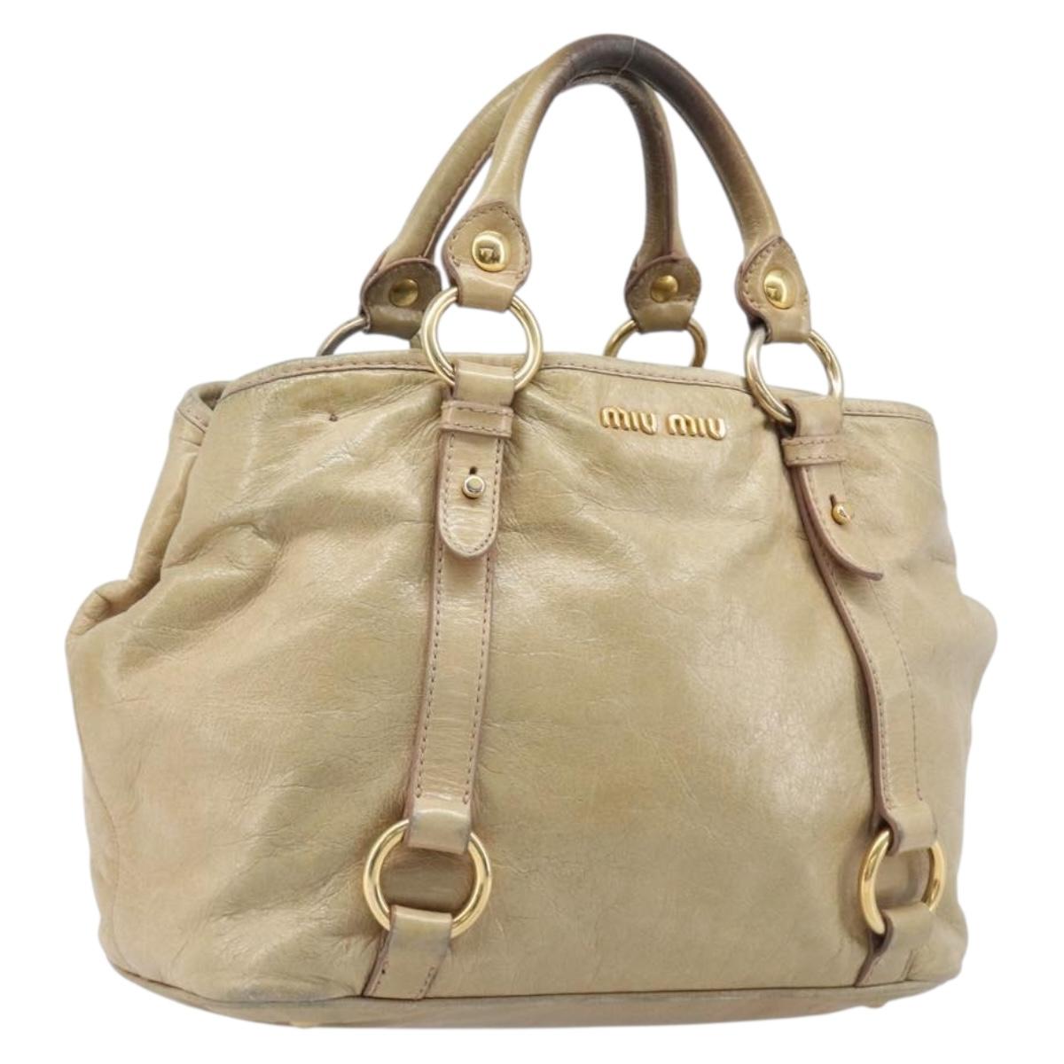 Miu Miu Hand Bag Leather Beige Gold Tone Auth 167591A
