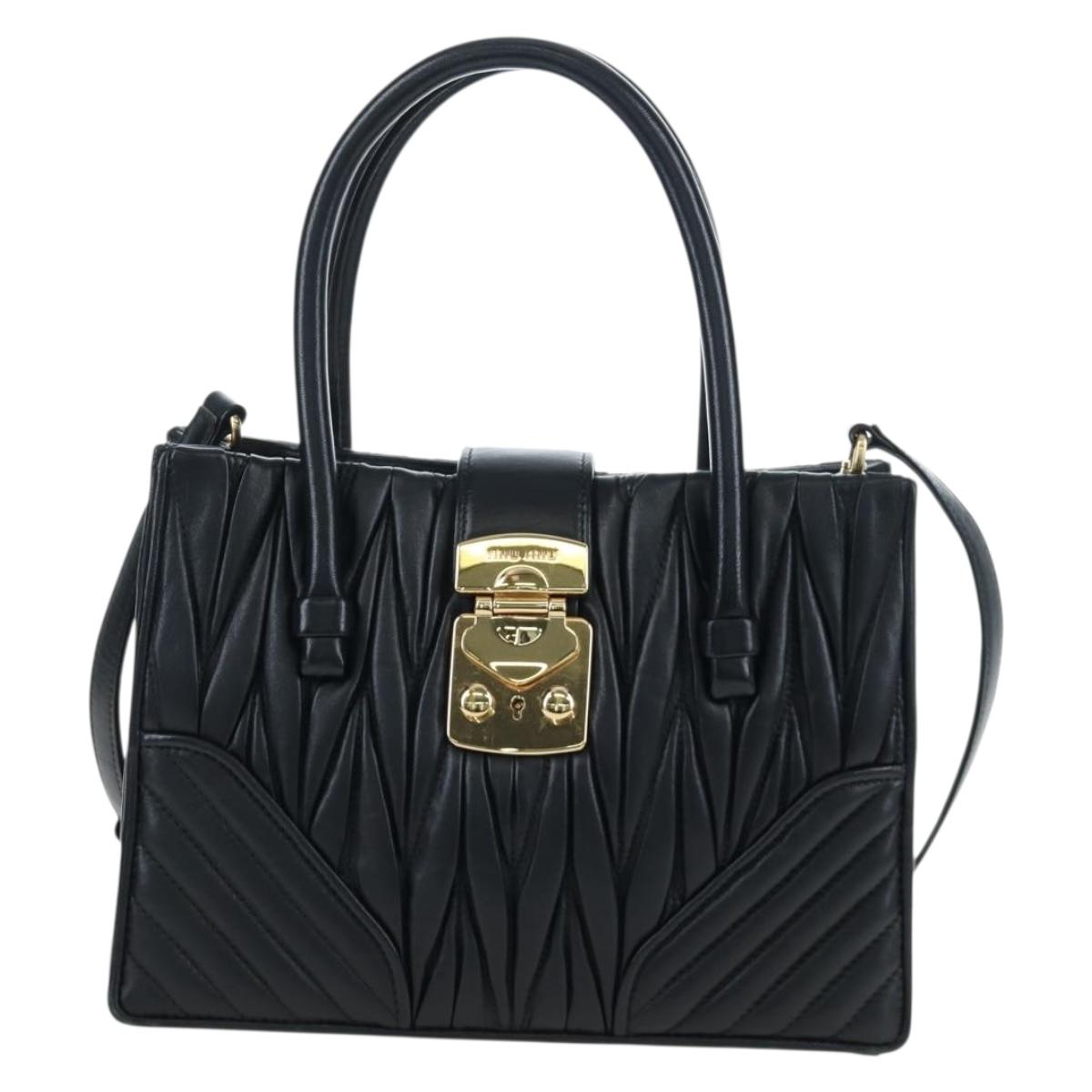 Miu Miu Matelasse Hand Bag Leather 2way Black Gold Tone Auth 167593SAM