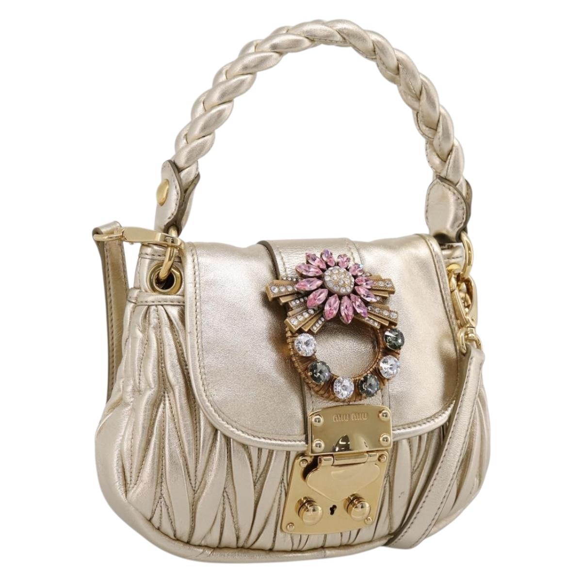 Miu Miu Matelasse Hand Bag Leather 2way Champagne Gold Gold Tone Auth 167599SAM