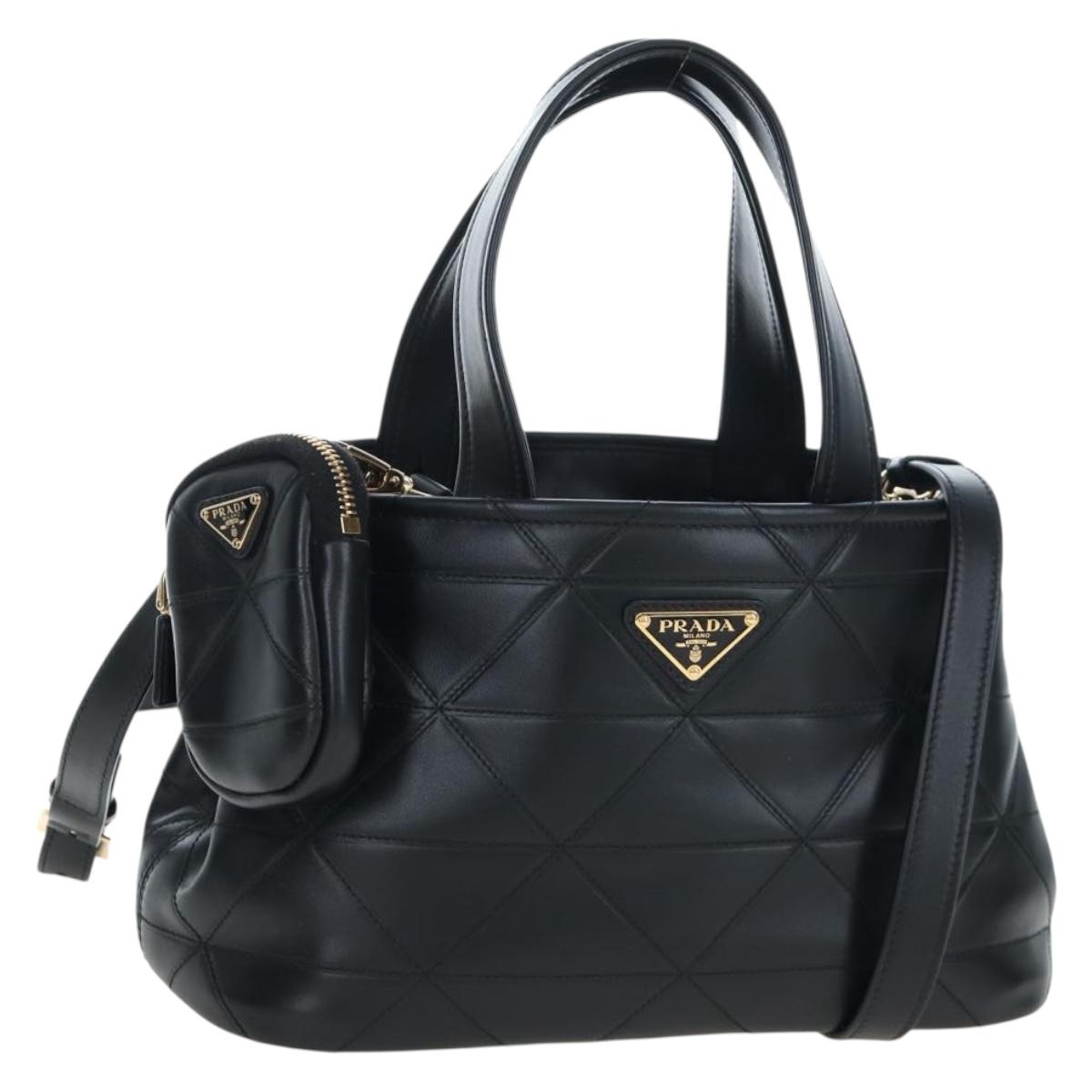 PRADA Hand Bag Leather 2way Black Gold Tone Auth 167607SM