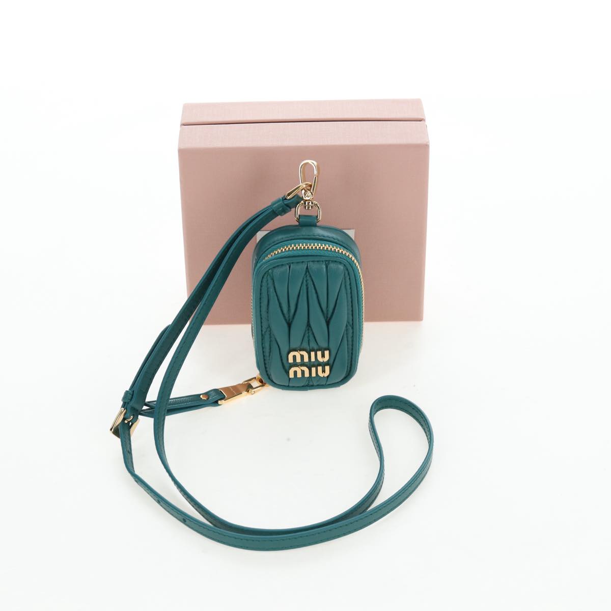 Miu Miu Matelasse Neck Mini Pouch Leather Green Gold Tone Auth 167613M