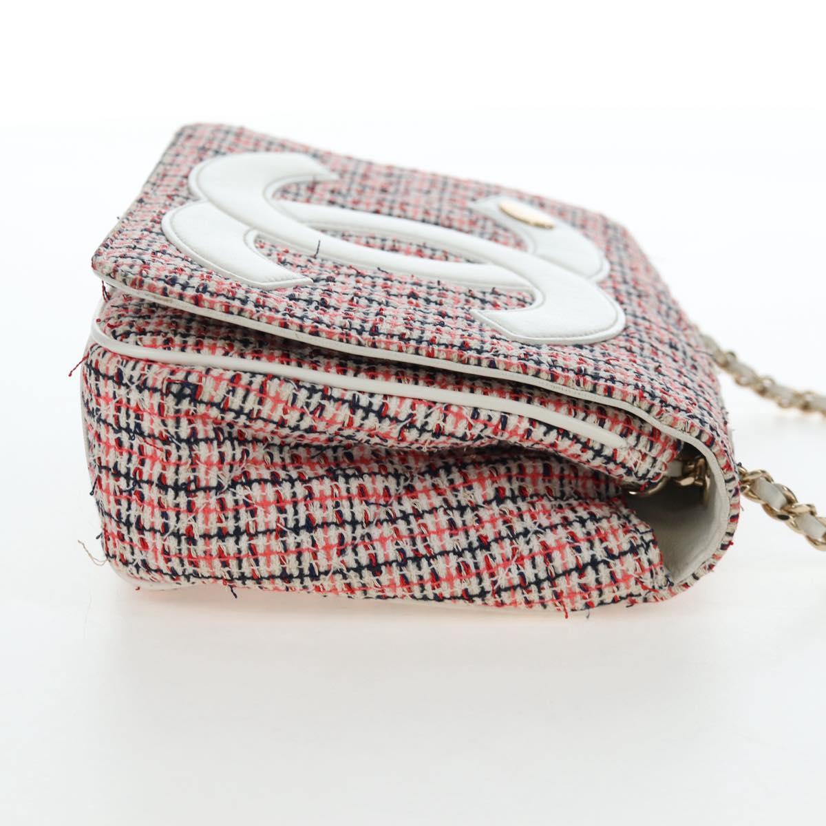 CHANEL Flap Pouch Chain Shoulder Bag Tweed Red Gold Tone CC Auth 167617SM