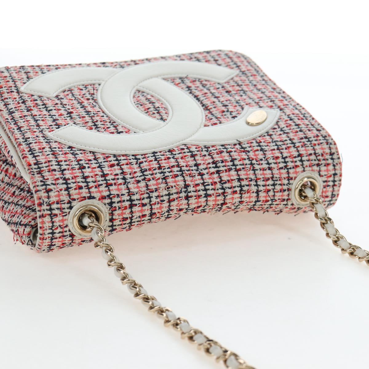 CHANEL Flap Pouch Chain Shoulder Bag Tweed Red Gold Tone CC Auth 167617SM