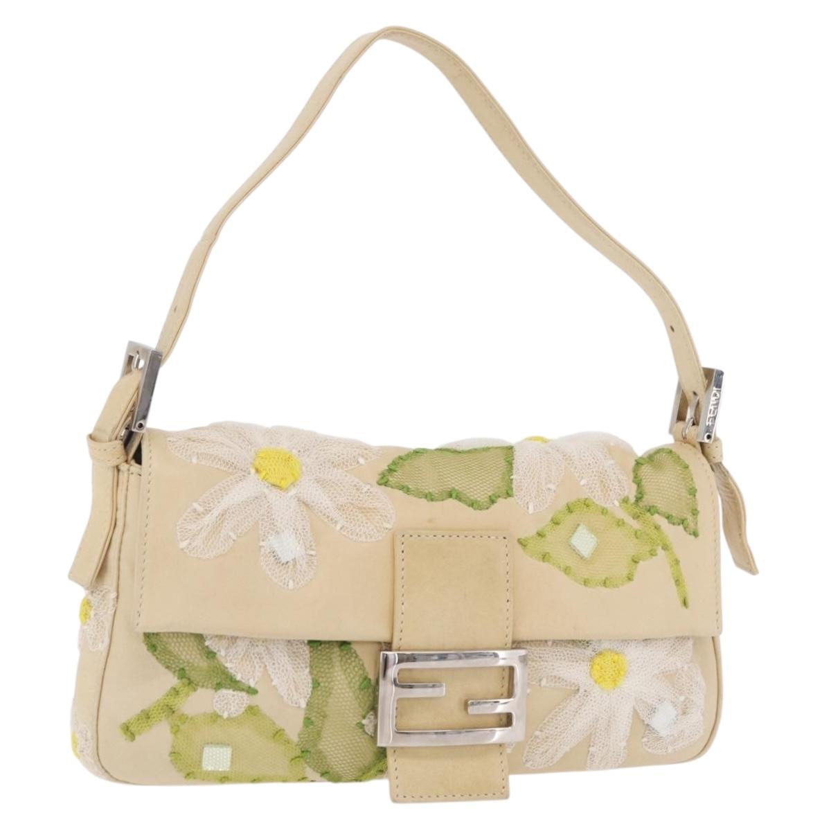 FENDI Flower Mamma Baguette Shoulder Bag Leather Beige Silver Auth 167634SAM