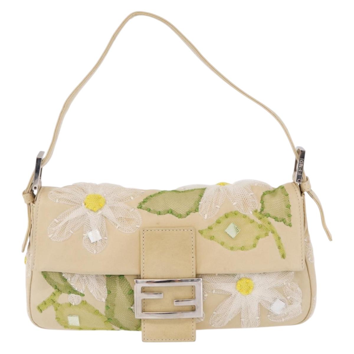 FENDI Flower Mamma Baguette Shoulder Bag Leather Beige Silver Auth 167634SAM