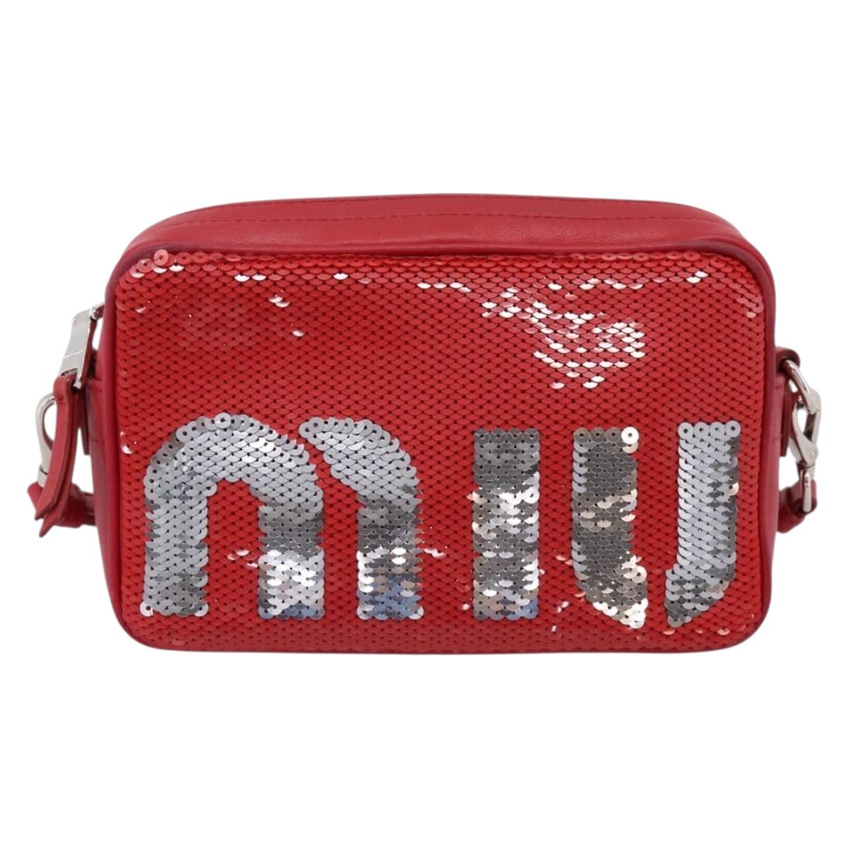 Miu Miu Shoulder Bag Leather Sequins Red Silver Auth 167643A