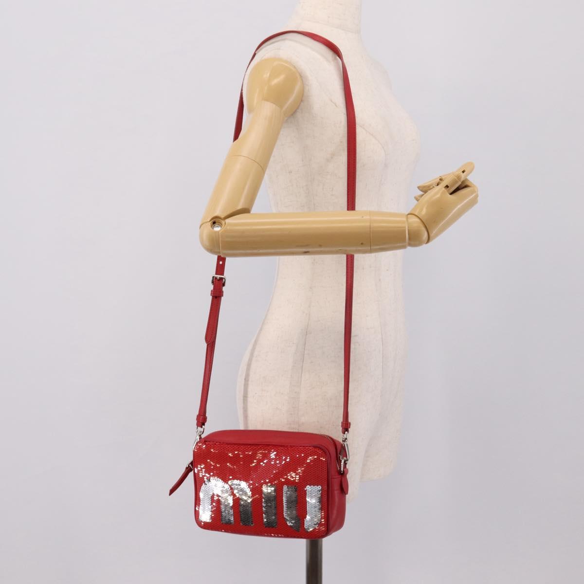 Miu Miu Shoulder Bag Leather Sequins Red Silver Auth 167643A