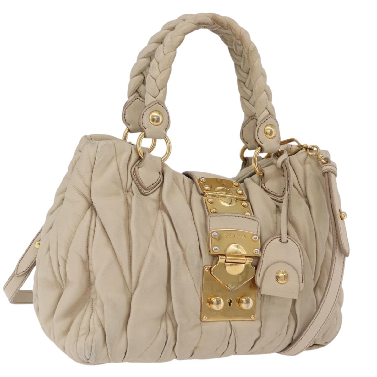 Miu Miu Matelasse Hand Bag Leather 2way Beige Gold Auth 167655A