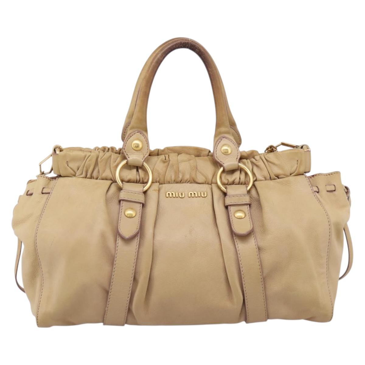 Miu Miu Hand Bag Leather 2way Beige Gold Auth 167656M