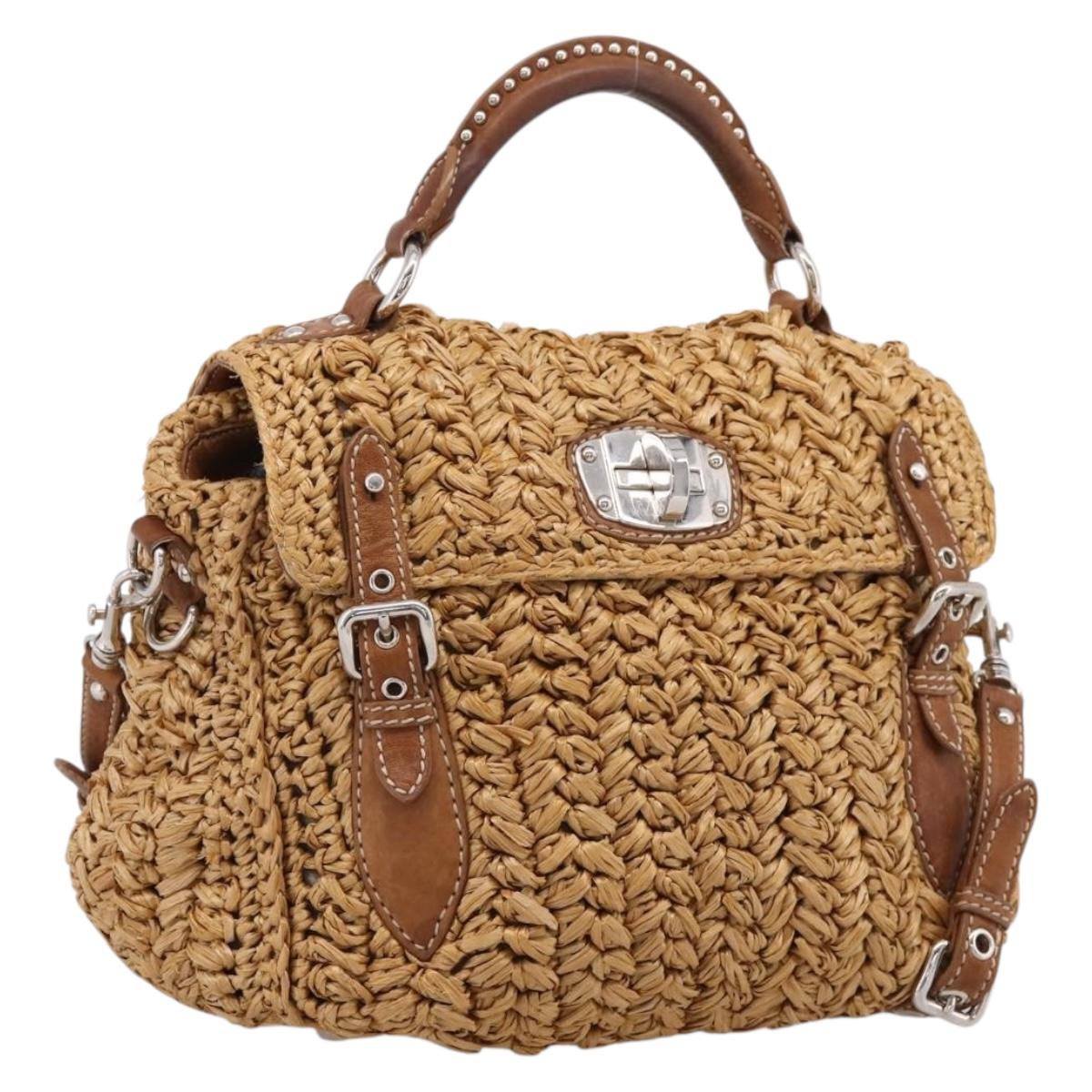 Miu Miu Hand Bag Raffia 2way Brown Silver Auth 167658M