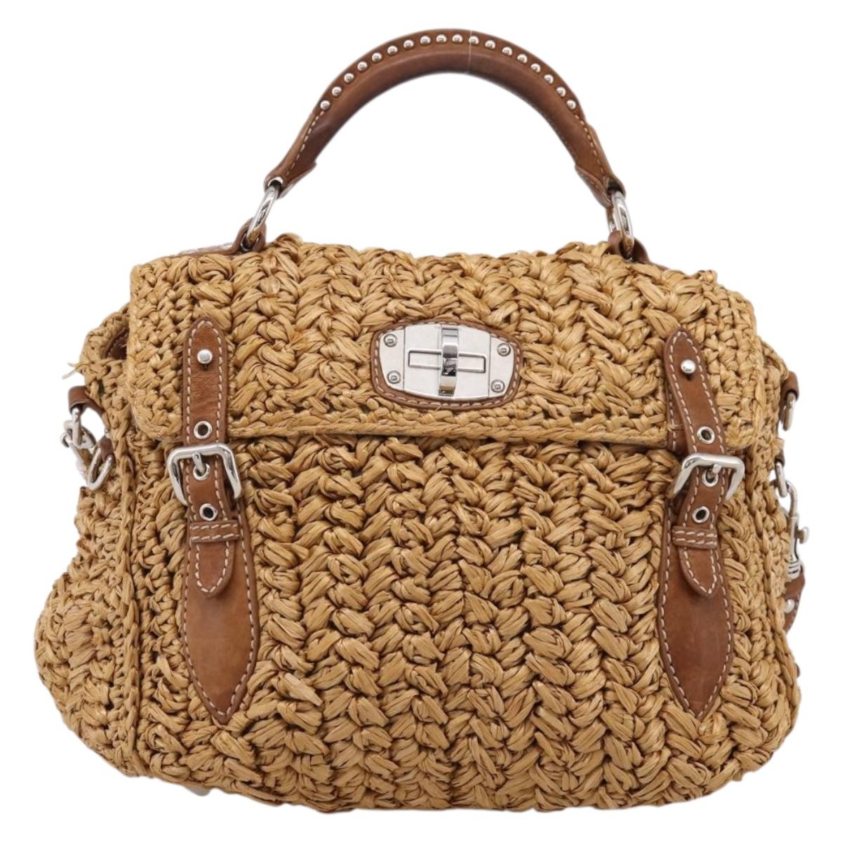 Miu Miu Hand Bag Raffia 2way Brown Silver Auth 167658M