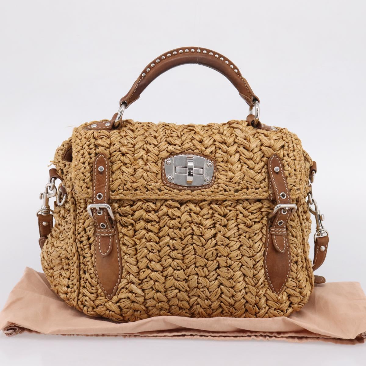 Miu Miu Hand Bag Raffia 2way Brown Silver Auth 167658M