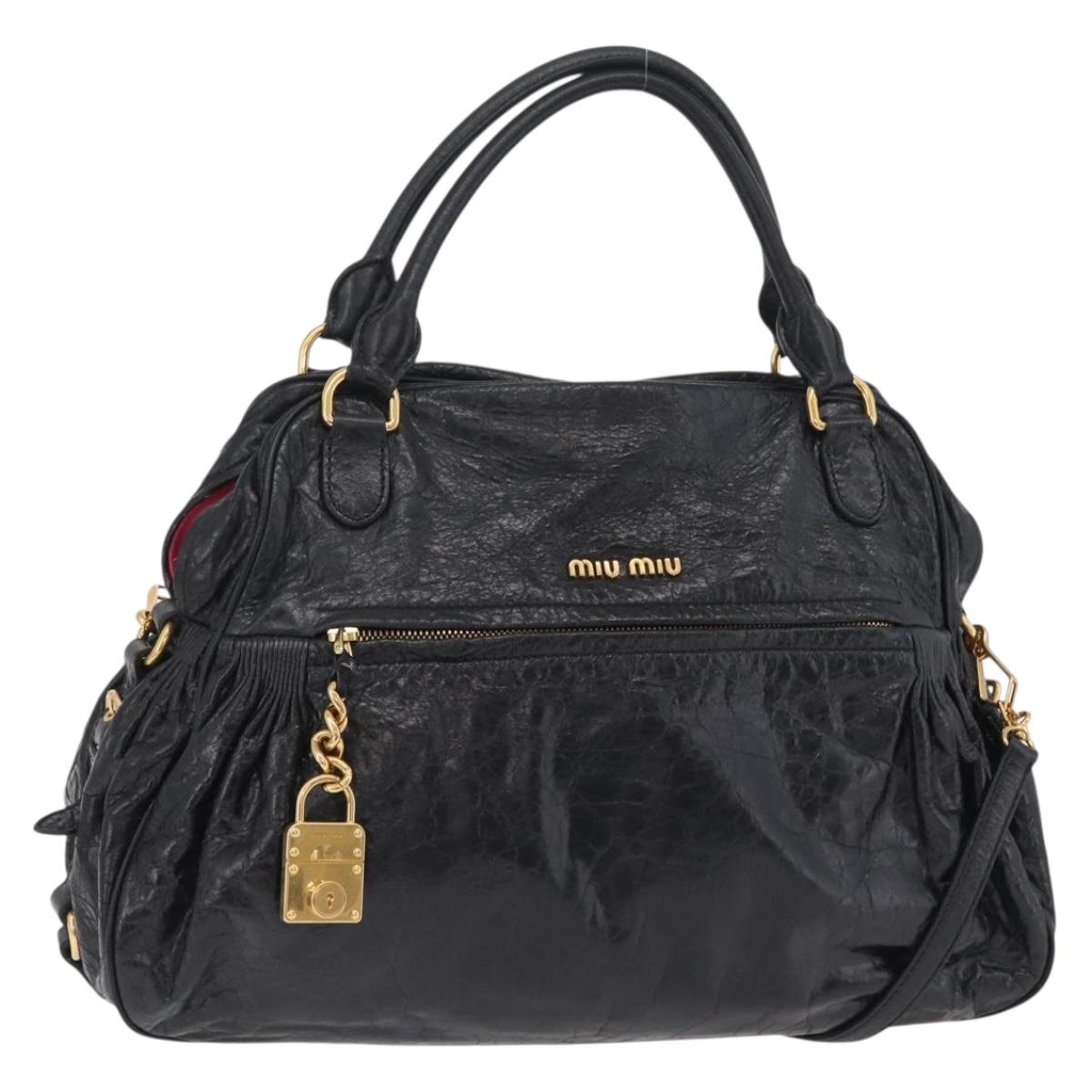 Miu Miu Hand Bag Leather 2way Black Gold Auth 167663M