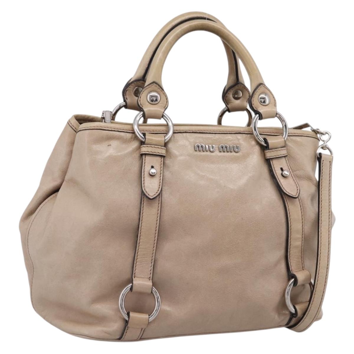 Miu Miu Hand Bag Leather 2way Beige Silver Auth 167730A
