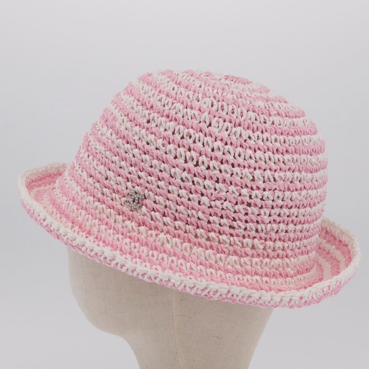 CHANEL Hat Straw M Pink CC Auth 167758M