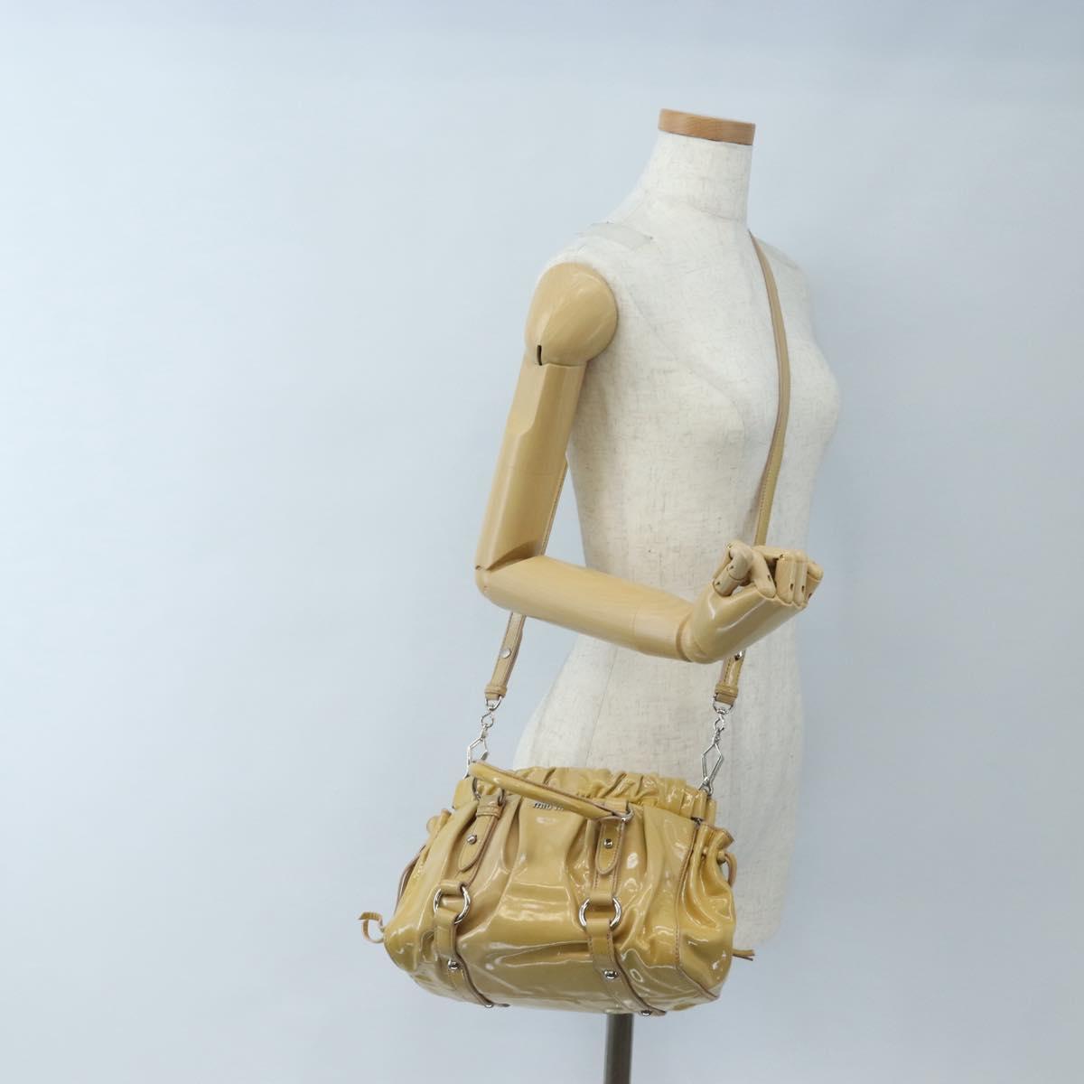 Miu Miu Hand Bag Patent leather 2way Beige Silver Auth 167774A