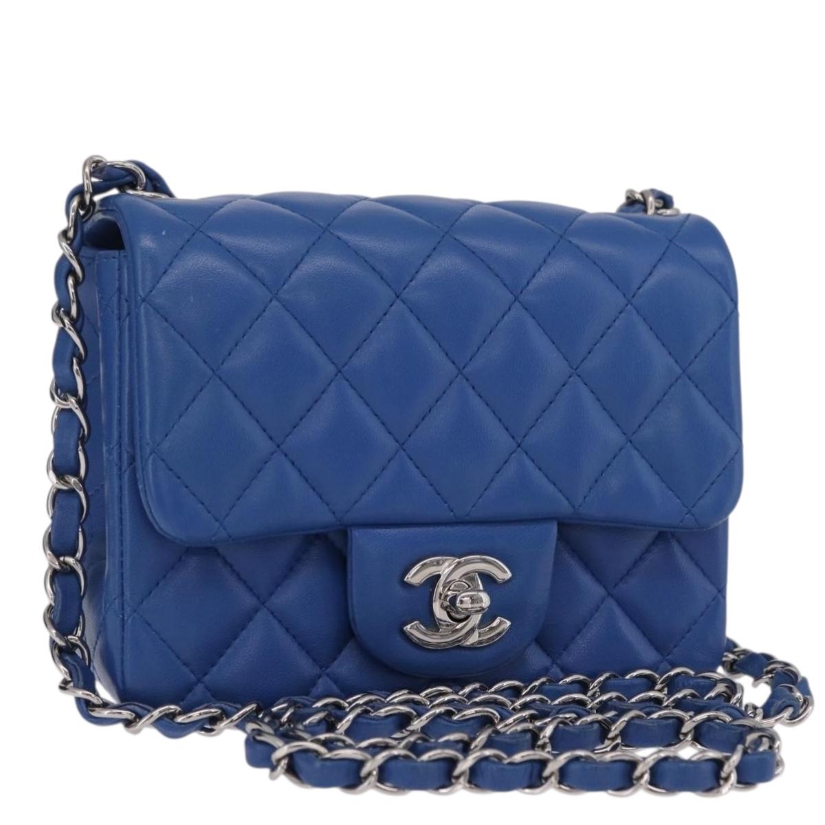 CHANEL Chain Mini Matelasse Shoulder Bag Lamb Skin Blue Silver CC Auth 167777SM