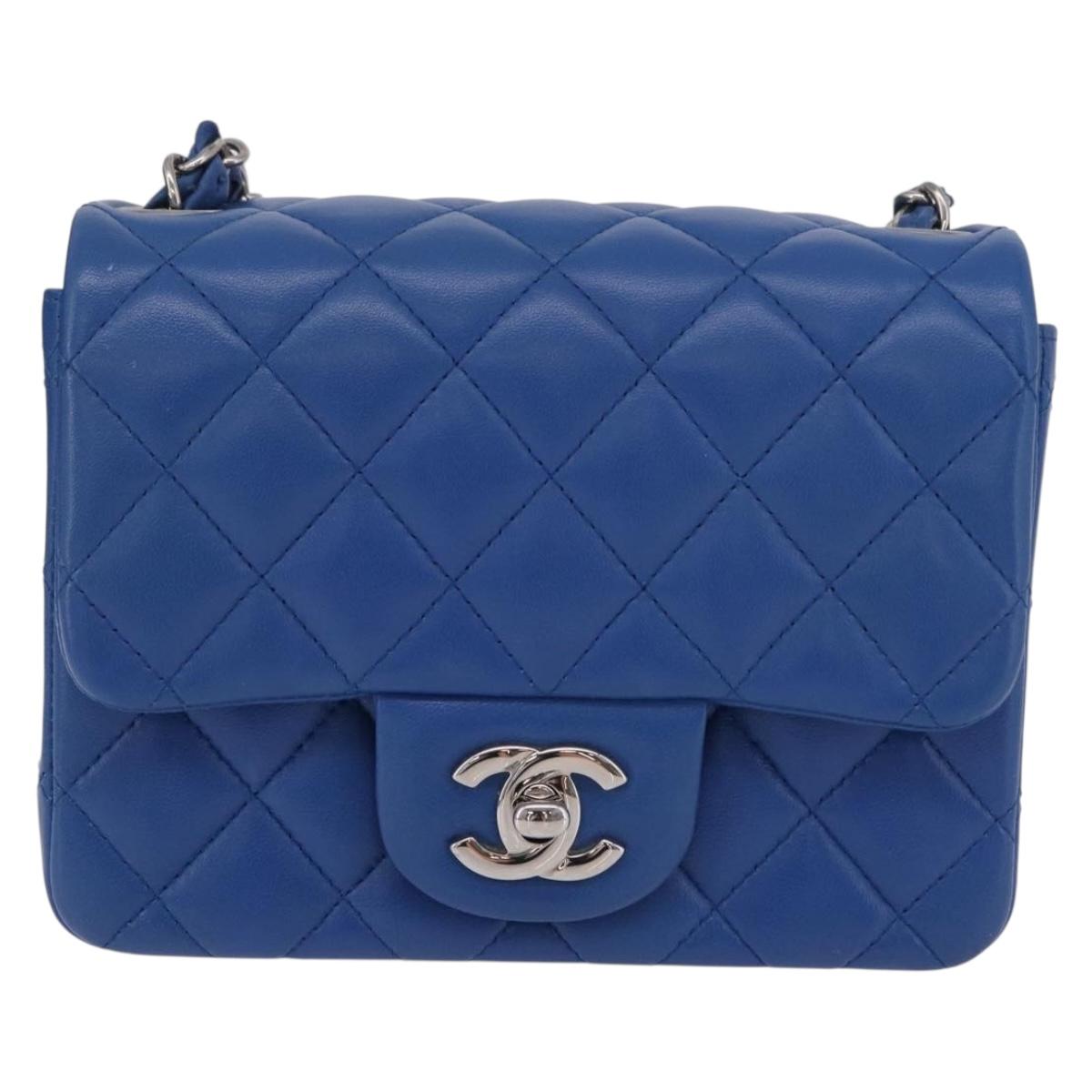 CHANEL Chain Mini Matelasse Shoulder Bag Lamb Skin Blue Silver CC Auth 167777SM