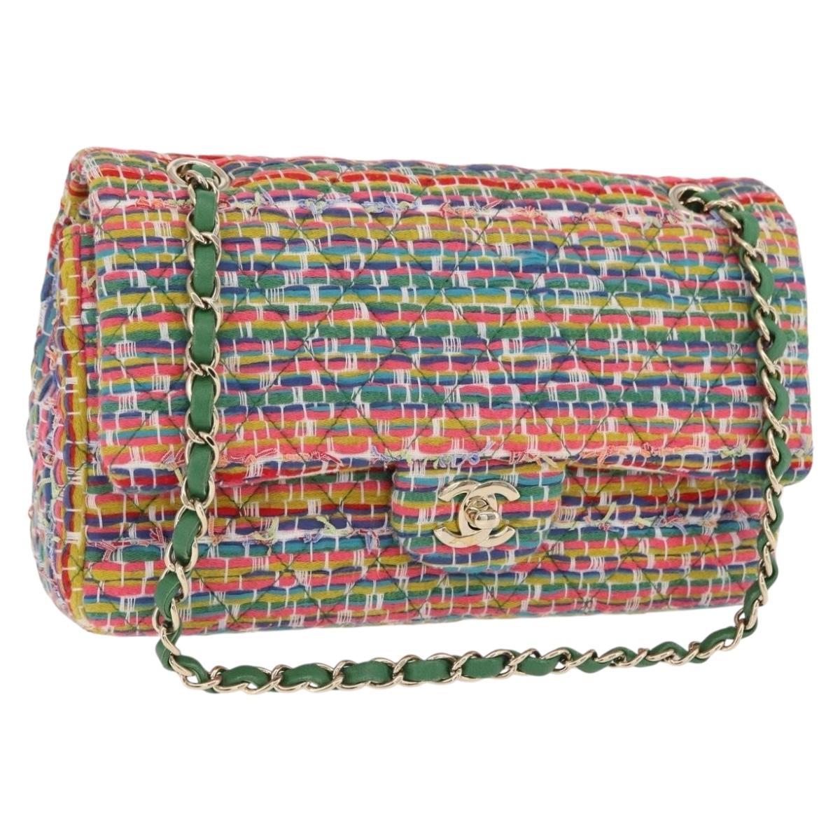 CHANEL Chain Matelasse 25 Shoulder Bag tweed Multicolor Gold CC Auth 167778SM