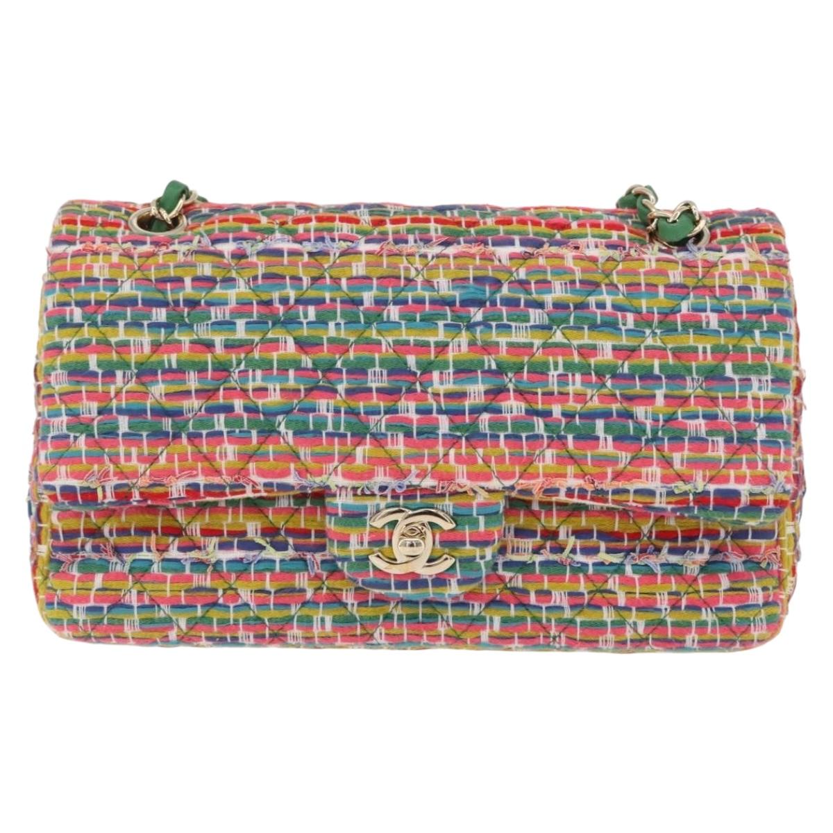 CHANEL Chain Matelasse 25 Shoulder Bag tweed Multicolor Gold CC Auth 167778SM