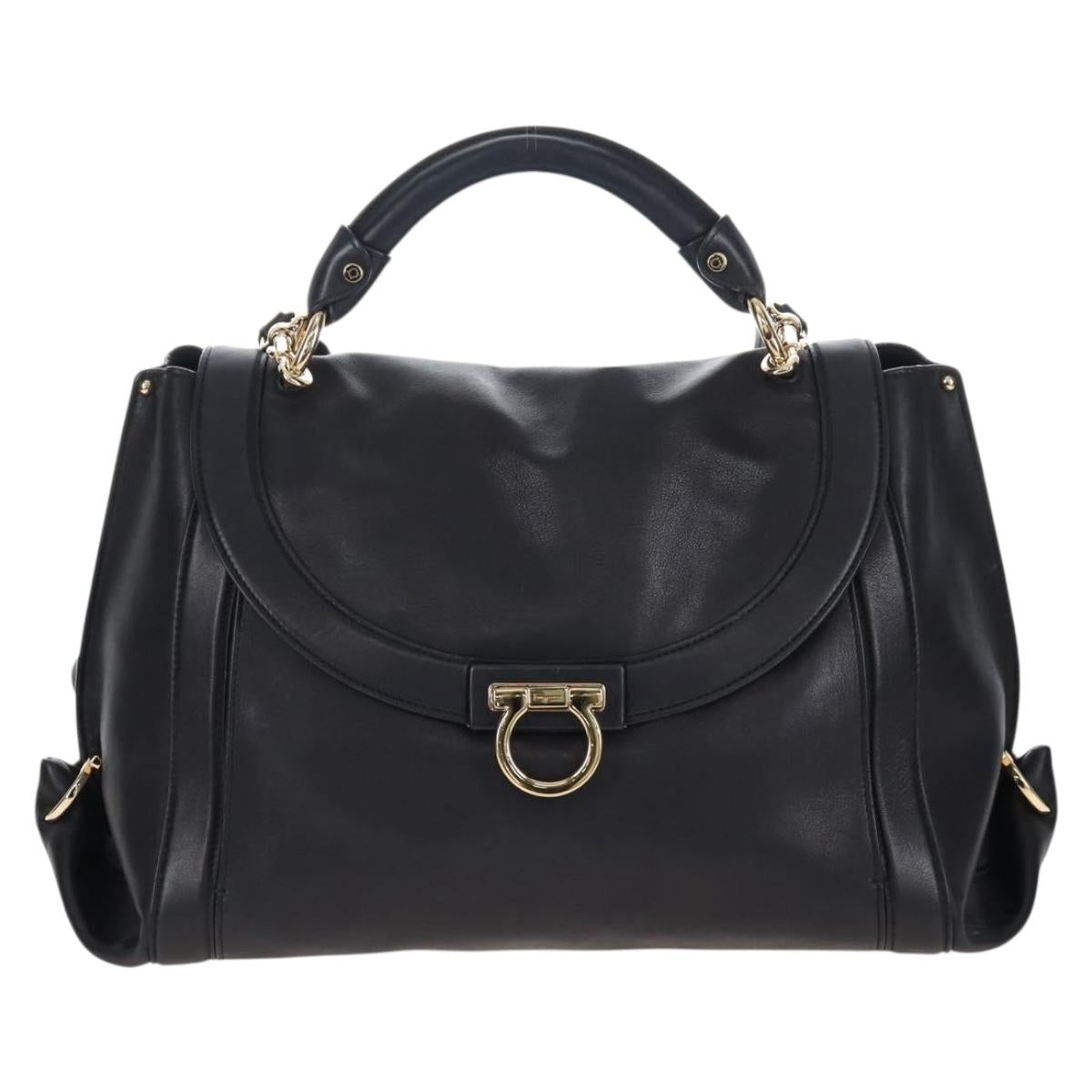 Salvatore Ferragamo Gancini Hand Bag Leather 2way Black Gold Auth 167785V