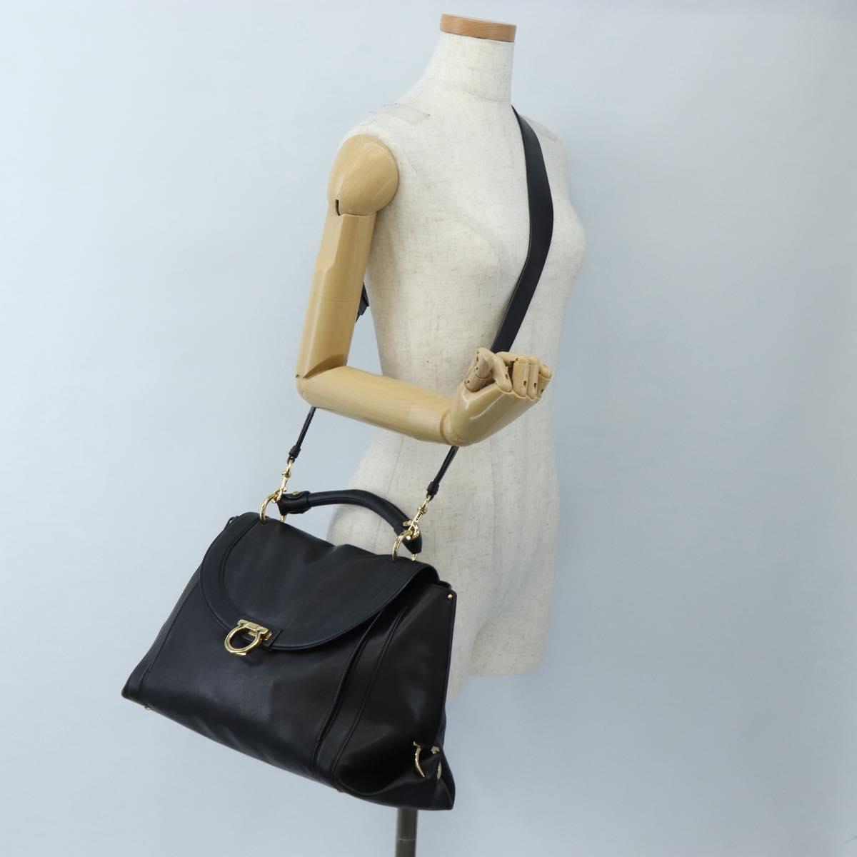 Salvatore Ferragamo Gancini Hand Bag Leather 2way Black Gold Auth 167785V