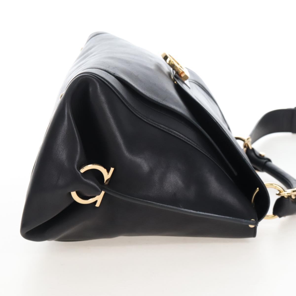Salvatore Ferragamo Gancini Hand Bag Leather 2way Black Gold Auth 167785V