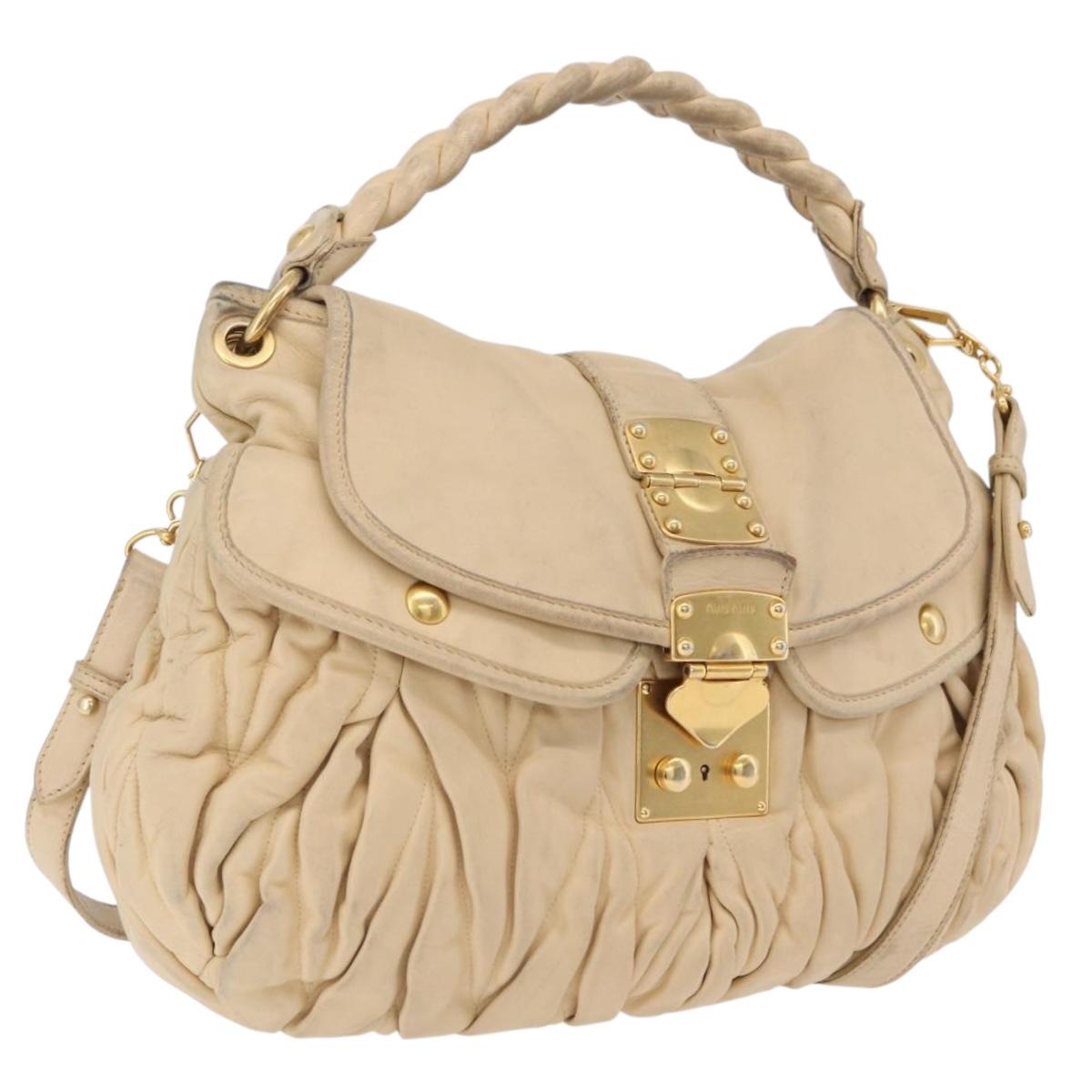 Miu Miu Hand Bag Leather 2way Beige Gold Auth 167799