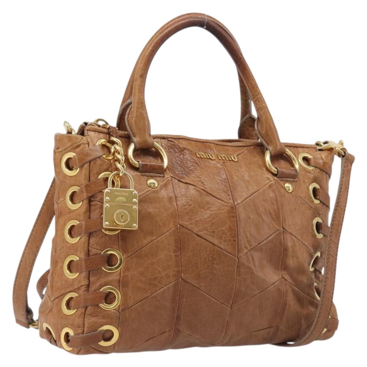 Miu Miu Hand Bag Leather 2way Brown Gold Auth 167806M