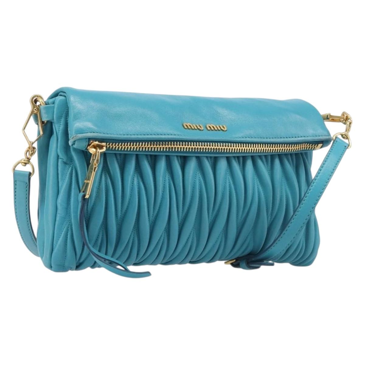 Miu Miu Matelasse Shoulder Bag Leather Turquoise Blue Gold Auth 167818M