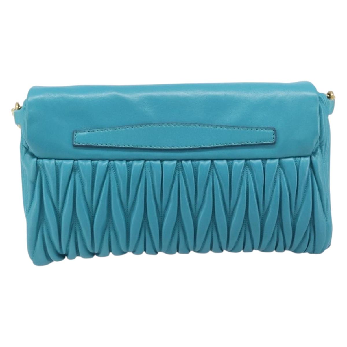 Miu Miu Matelasse Shoulder Bag Leather Turquoise Blue Gold Auth 167818M
