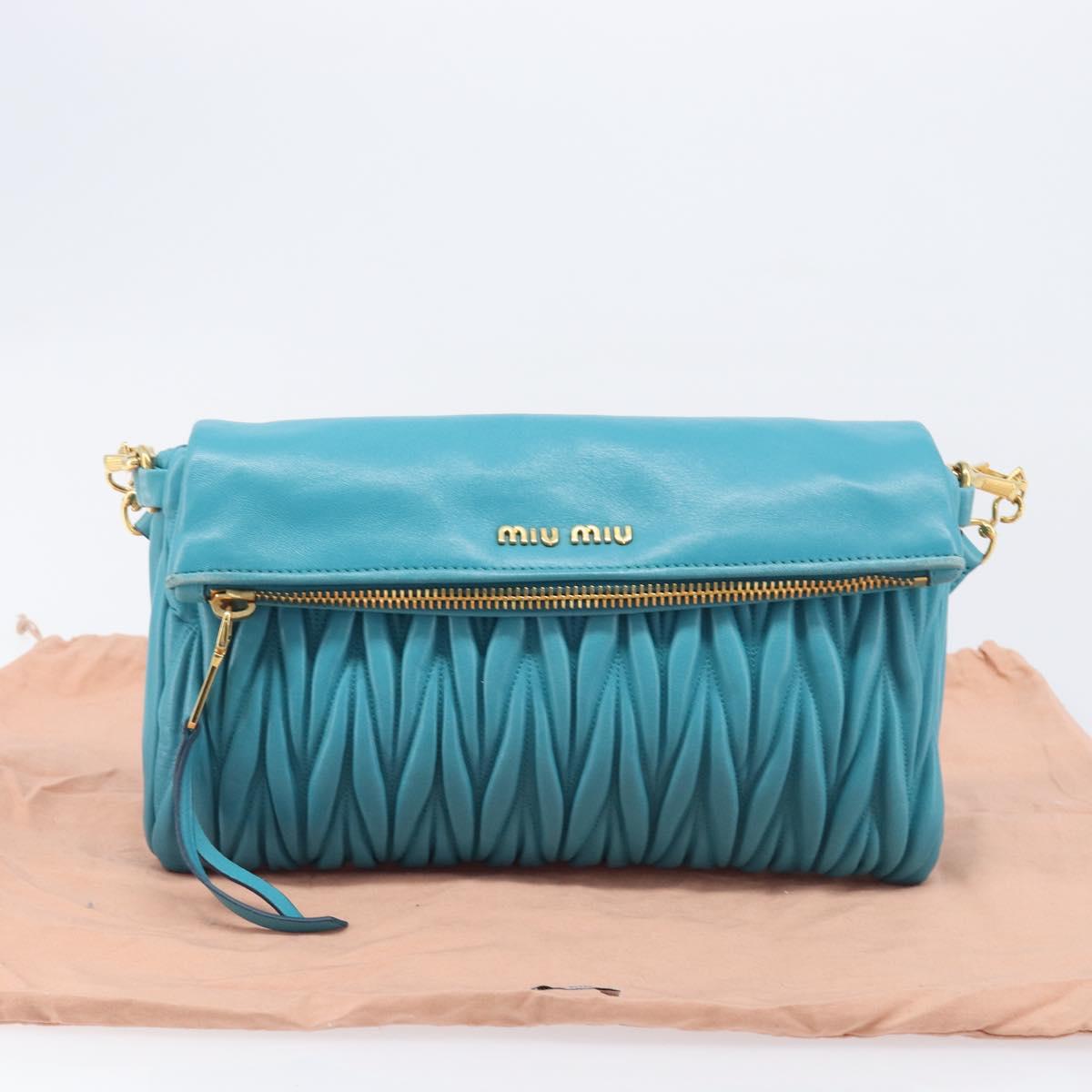 Miu Miu Matelasse Shoulder Bag Leather Turquoise Blue Gold Auth 167818M