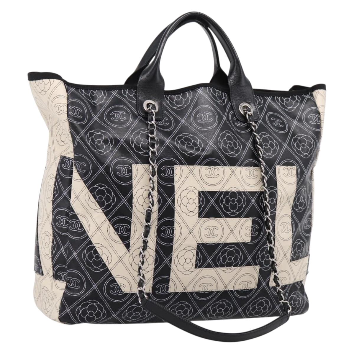 CHANEL Camelia Tote Bag Coated Canvas 2way White Black CC Auth 167819M