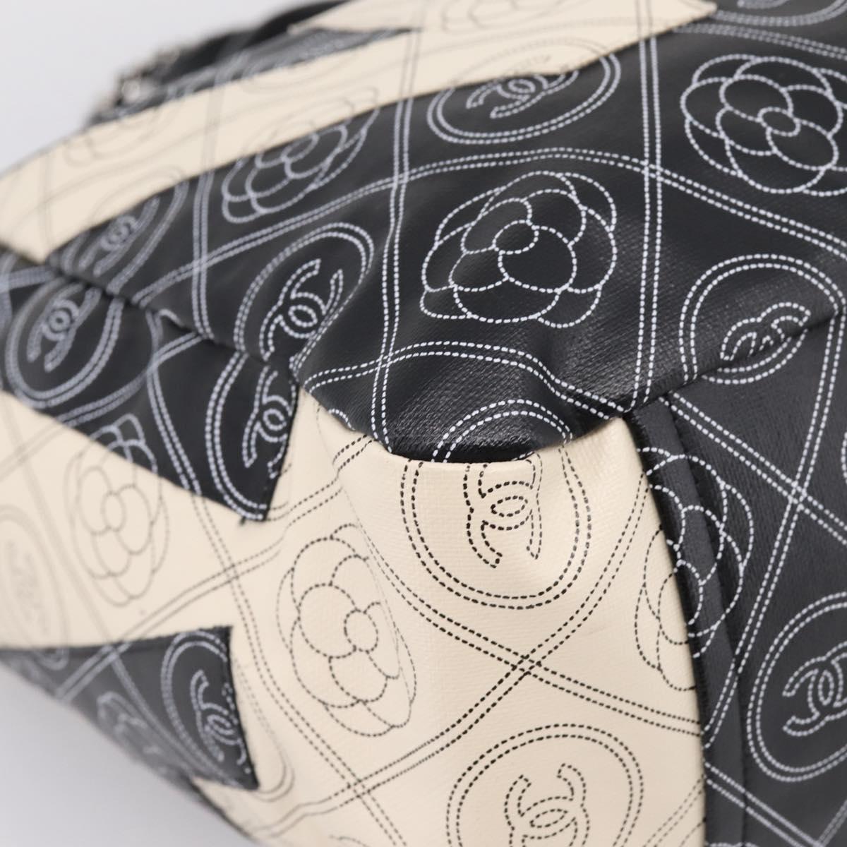 CHANEL Camelia Tote Bag Coated Canvas 2way White Black CC Auth 167819M