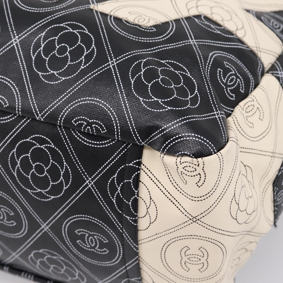 CHANEL Camelia Tote Bag Coated Canvas 2way White Black CC Auth 167819M