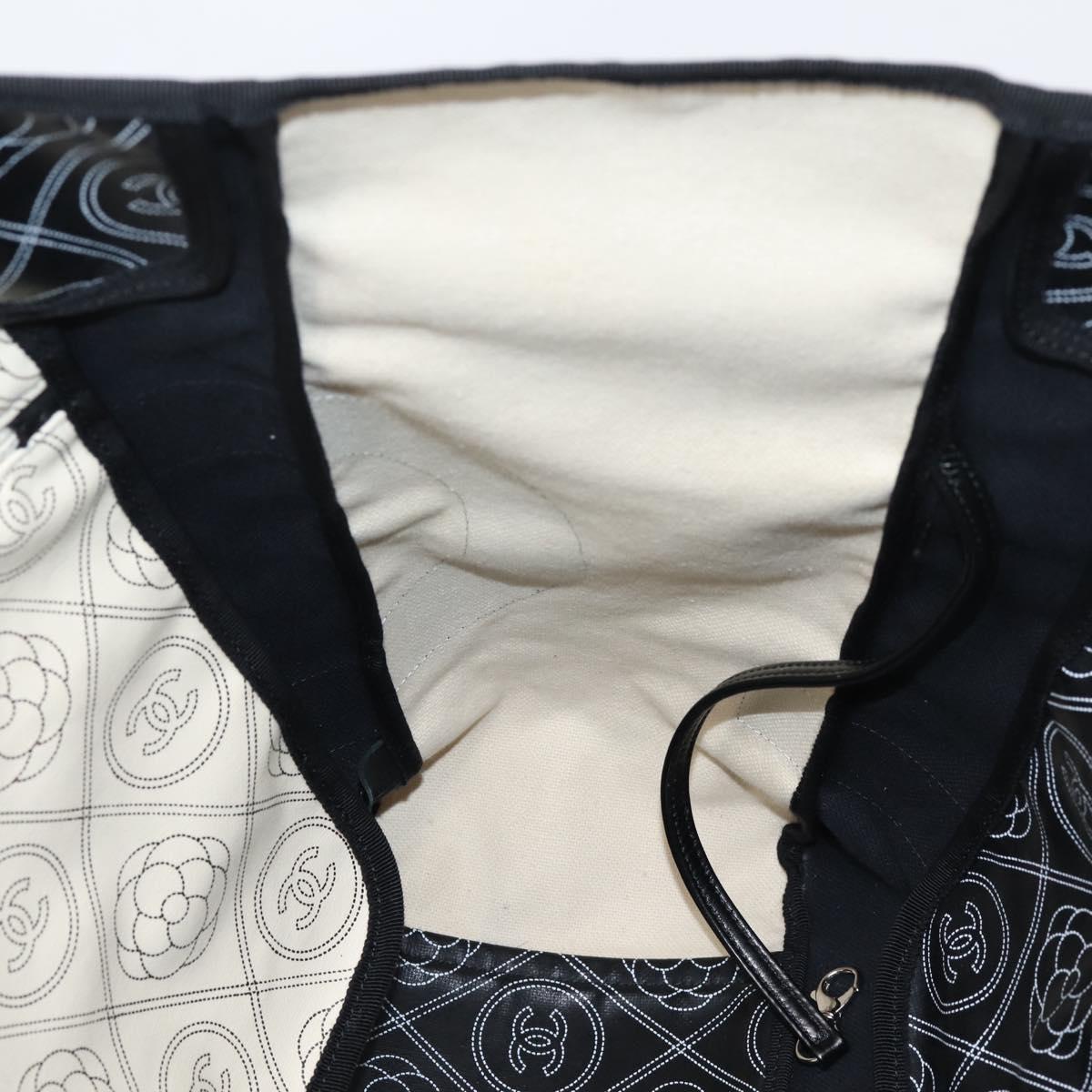 CHANEL Camelia Tote Bag Coated Canvas 2way White Black CC Auth 167819M