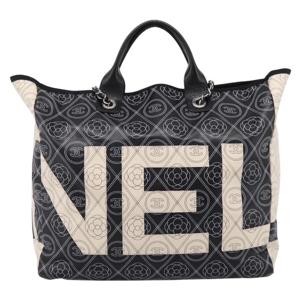 CHANEL Camelia Tote Bag Coated Canvas 2way White Black CC Auth 167819M