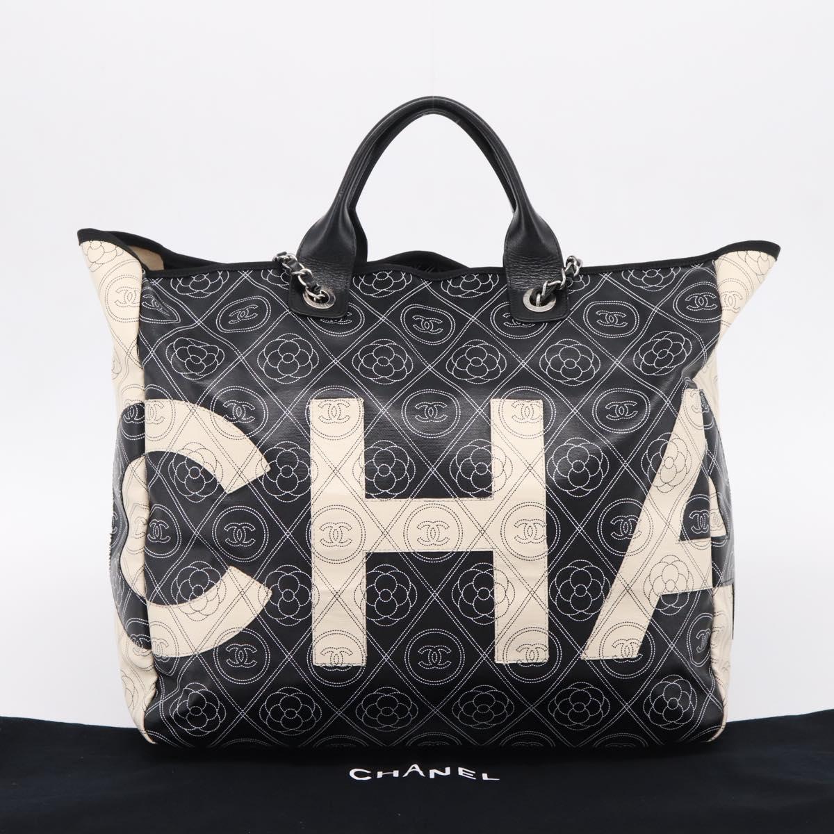 CHANEL Camelia Tote Bag Coated Canvas 2way White Black CC Auth 167819M