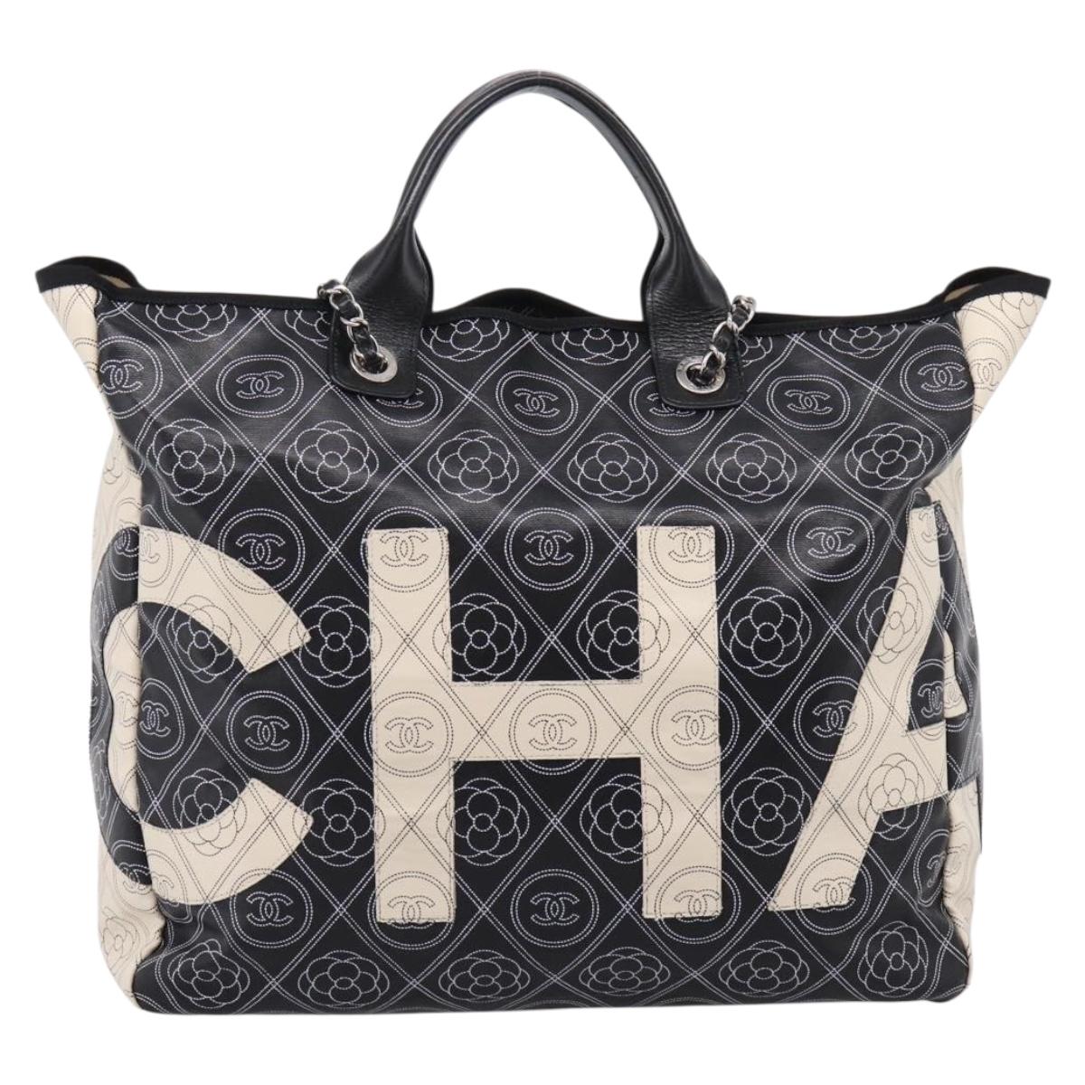 CHANEL Camelia Tote Bag Coated Canvas 2way White Black CC Auth 167819M