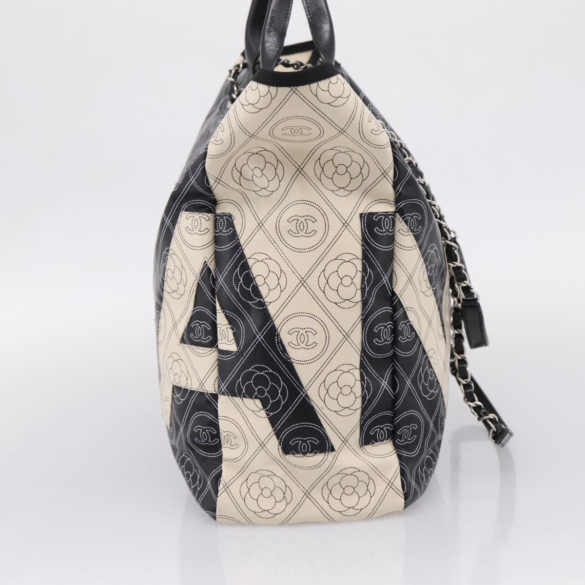 CHANEL Camelia Tote Bag Coated Canvas 2way White Black CC Auth 167819M