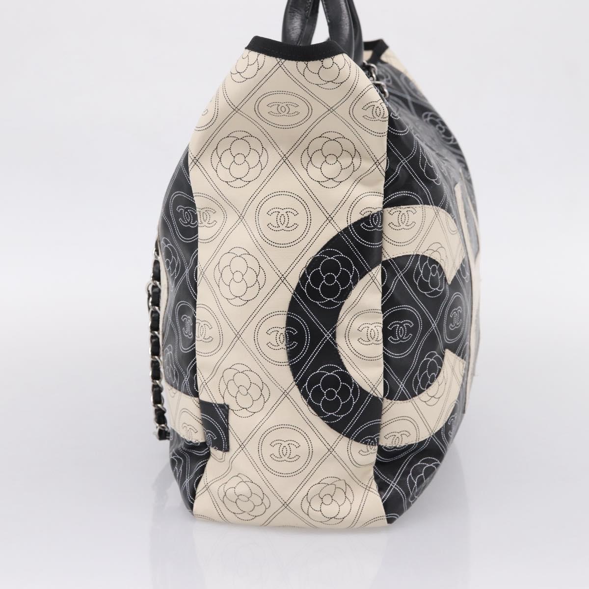 CHANEL Camelia Tote Bag Coated Canvas 2way White Black CC Auth 167819M