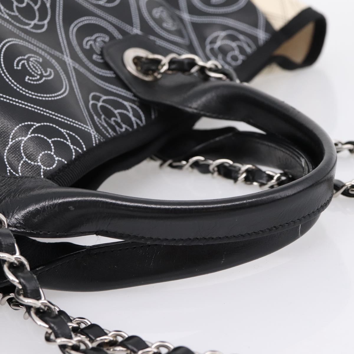 CHANEL Camelia Tote Bag Coated Canvas 2way White Black CC Auth 167819M
