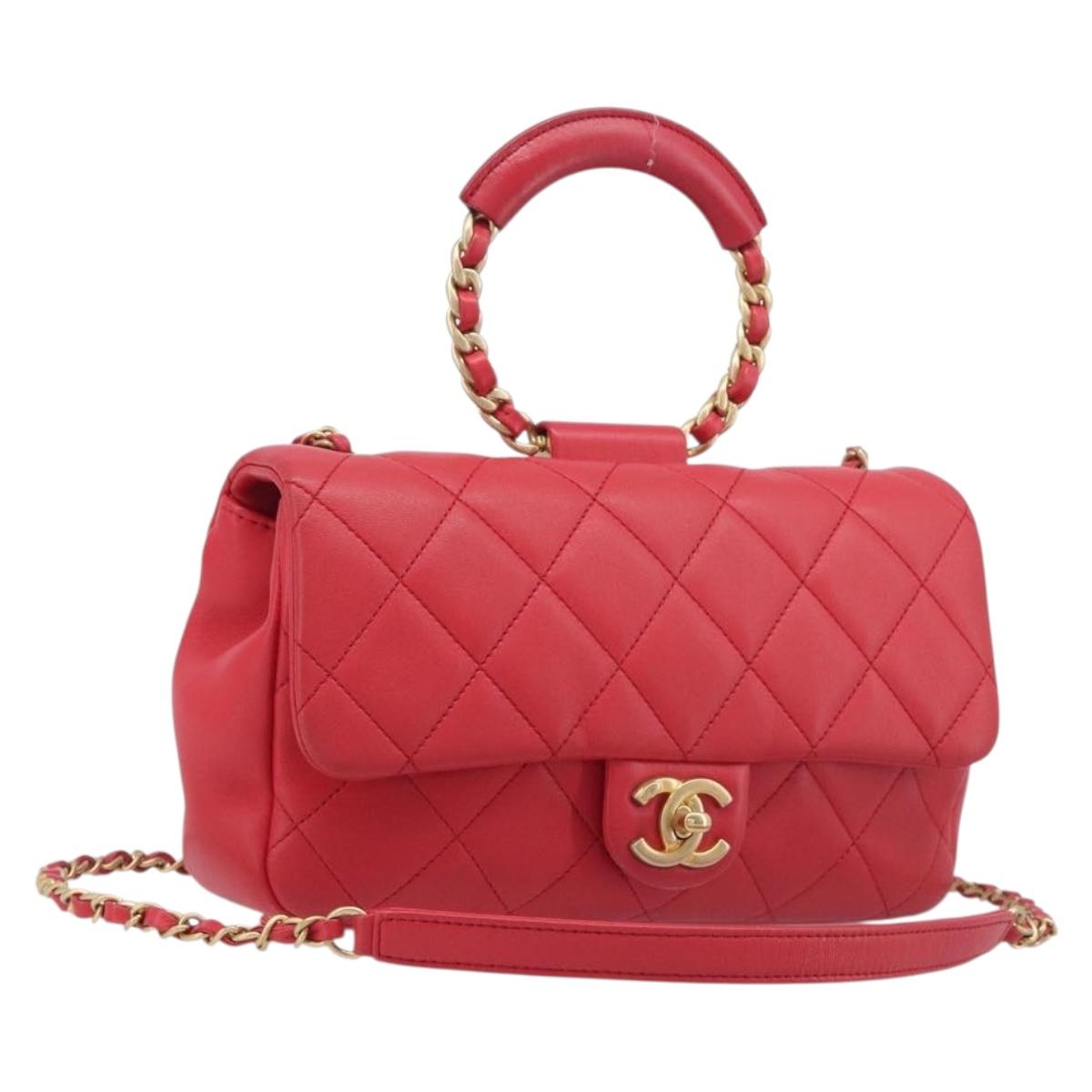 CHANEL Matelasse25 Hand Bag Lamb Skin 2way Red Gold CC Auth 167820SAM