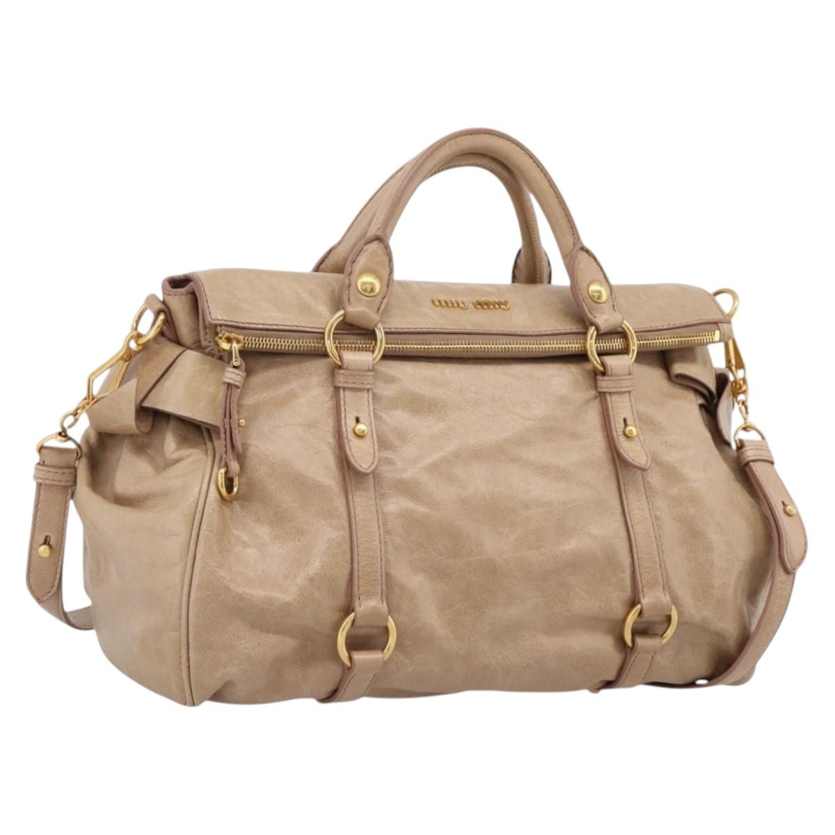 Miu Miu Hand Bag Leather 2way Beige Gold Auth 167823M